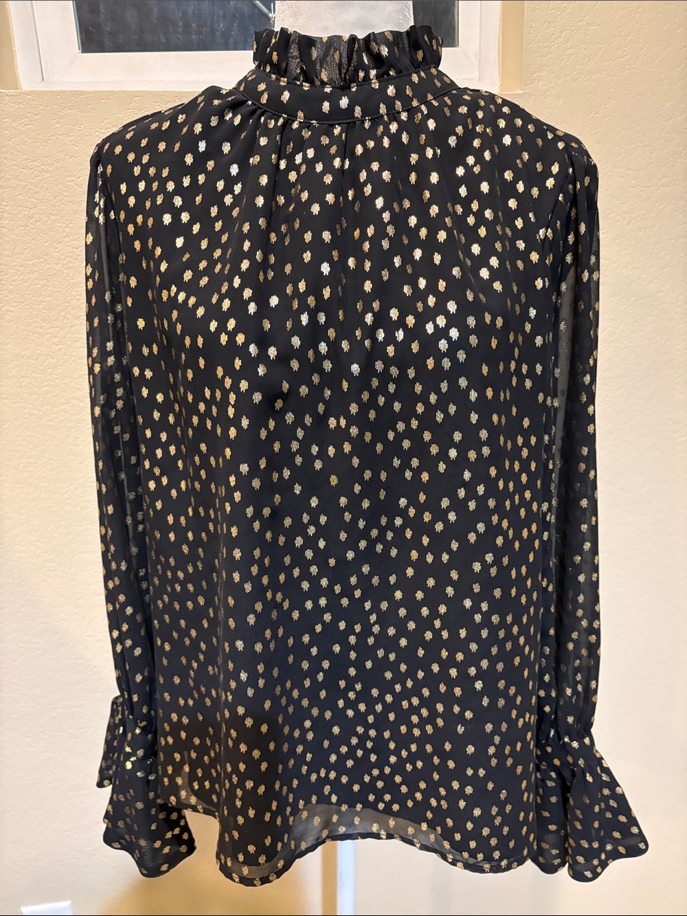 Vince Camuto Black Blouse with Gold Metallic Dot Print-Size M